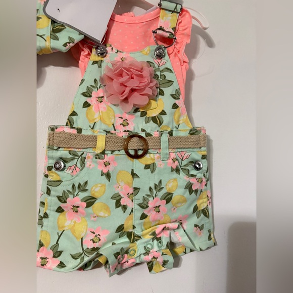 Little Lass baby 3-piece overall set with lemon & floral print 3/6 months NWT - Picture 2 of 4